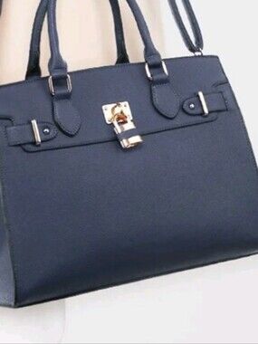 Structured Navy Tote Handbag with Gold Lock